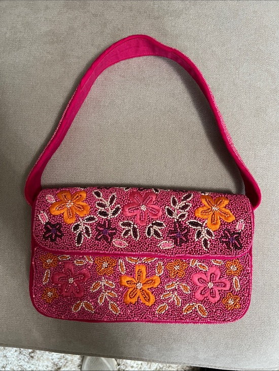 Lulus Handbags - Lulu's Hand-Beaded Pink Floral Shoulder Bag with Orange Accents